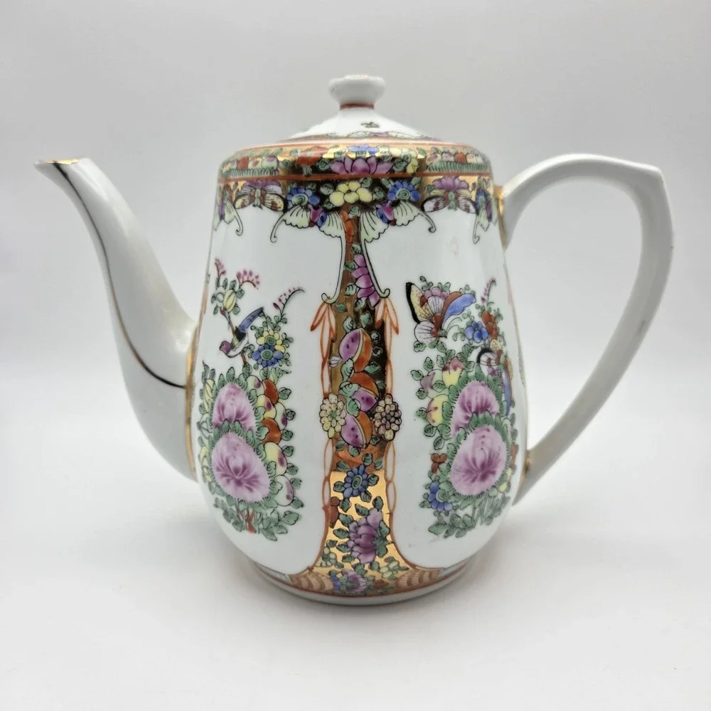 Vintage Cantonese Famille Rose Medallion Porcelain Tea Set Peonies Butterflies